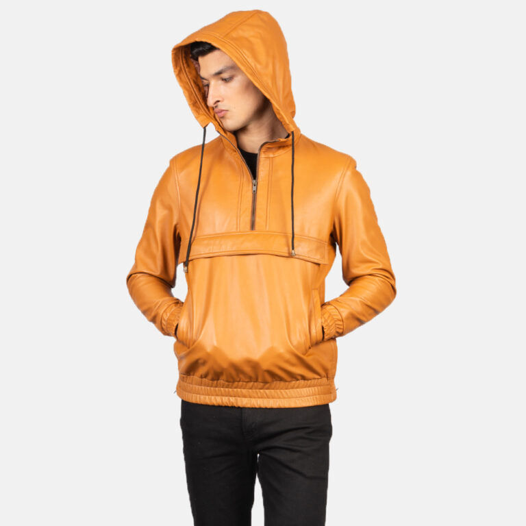 Mens Kenton Hooded Brown Leather Pullover Jacket Open Front-4-1634134381974
